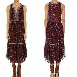 Ulla Johnson plum burgundy Leena embroidered silk floral tassel boho midi dress